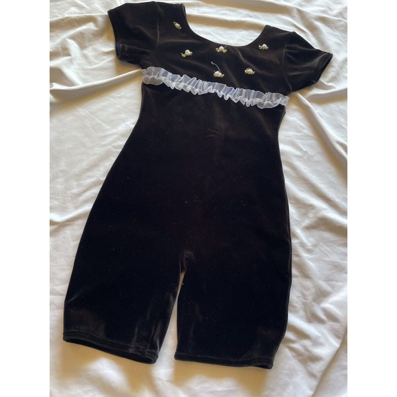 JACQUES MORET Designer Leotard Girls L 10/12 Black Velvet Roses Shorts 80s - Picture 3 of 9